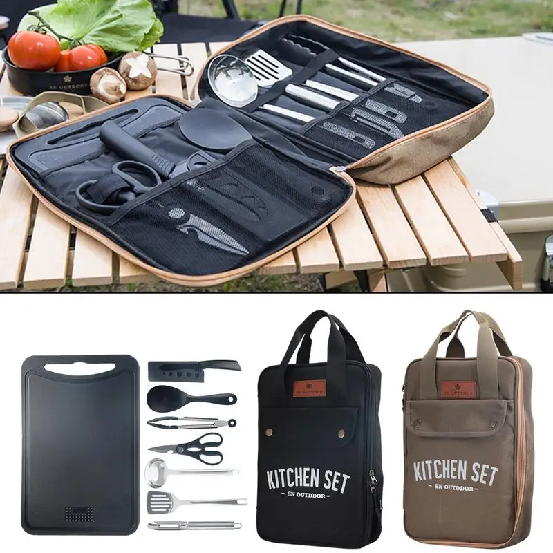 Travel Kitchen Accessories - 8pcs Camping Kitchen Cookware Set Portable